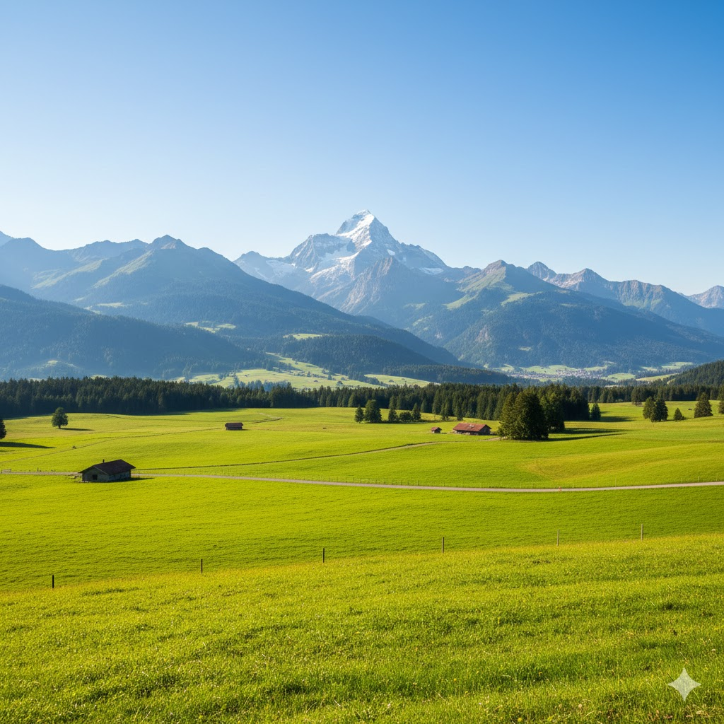 A breathtaking, wide-angle view of the Swiss Alps with lush green meadows and a clear blue sky, symbolizing financial peace and stability.