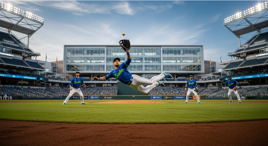 현대 야구 외야수가 데이터 기반의 시프트 수비 위치에서 역동적으로 타구를 잡아내는 모습.