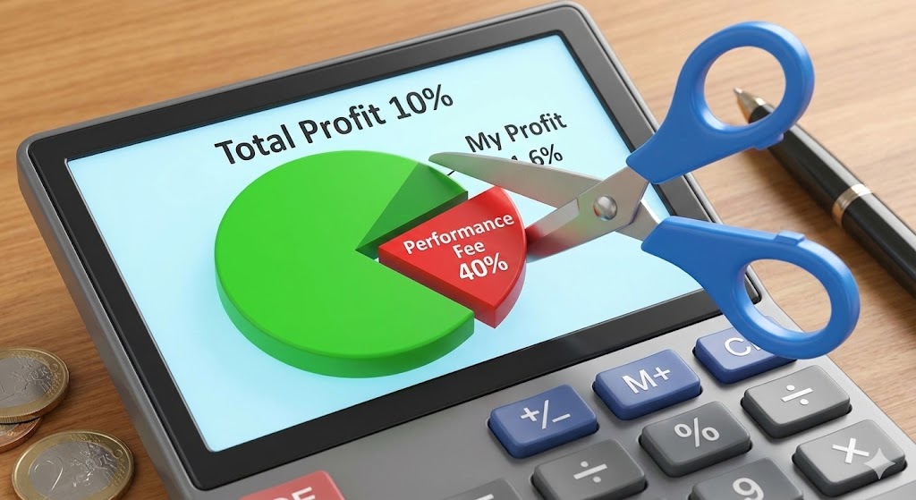 1억 원을 투자했을 때 수익금에서 성과보수가 빠져나가는 과정을 보여주는 계산기 일러스트