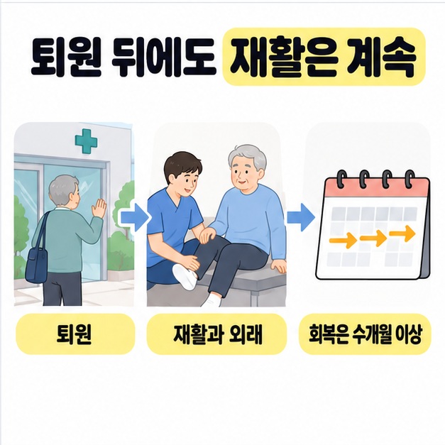 퇴원하는 어르신과 재활 교육 장면, 달력을 화살표로 연결해 퇴원 후에도 재활과 외래 진료 및 수개월 이상의 회복이 이어짐을 보여주는 이미지