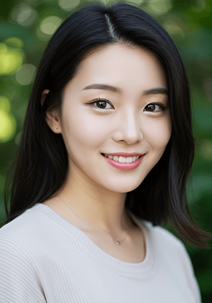 밝고 건강한 눈을 가진 20대 한국인 여성의 따뜻한 미소