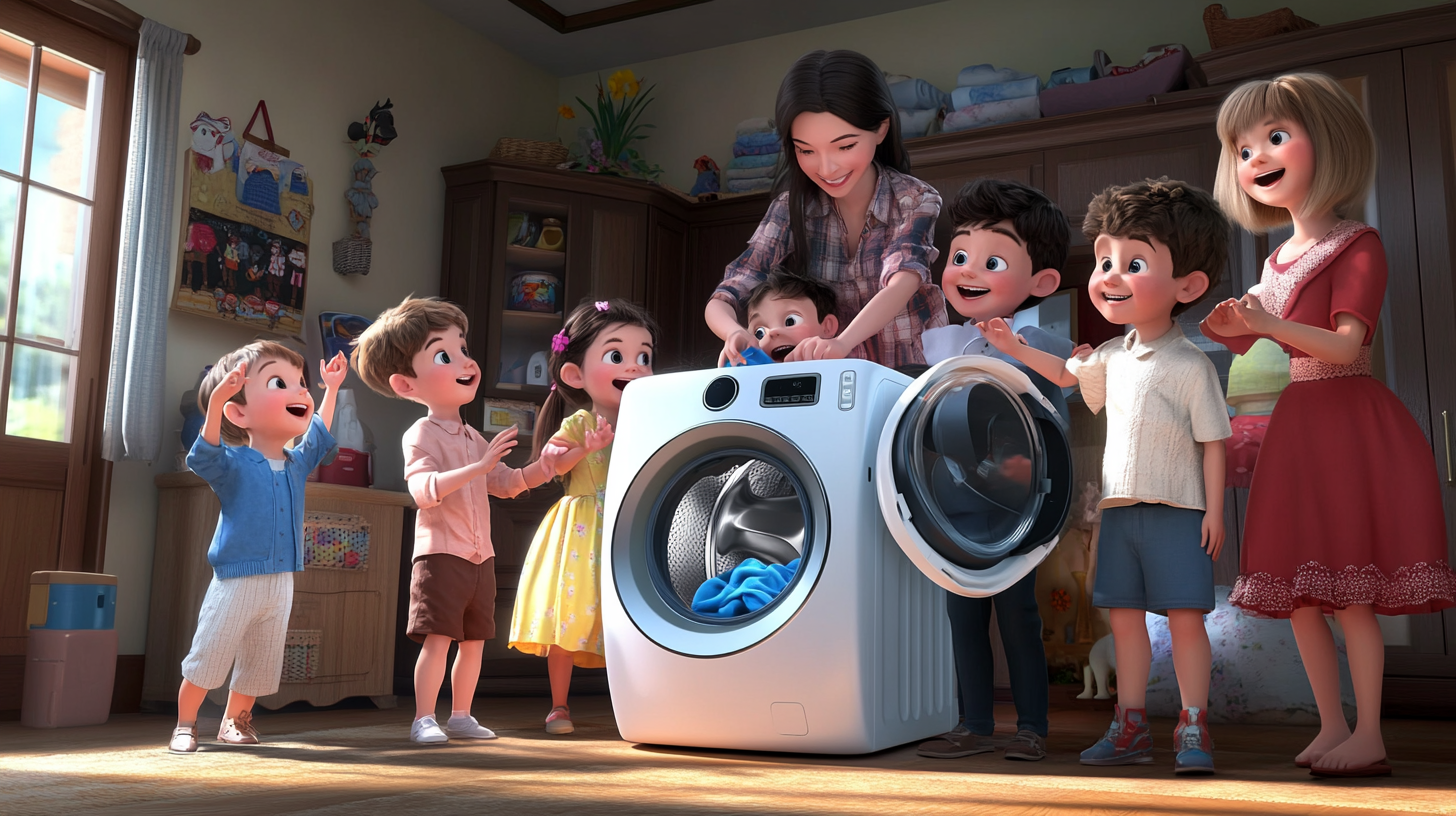삼성 세탁기를 활용하는 대가족, 아이들이 놀고 AI 어시스턴트가 세탁 과정을 관리하는 활기찬 가정의 모습