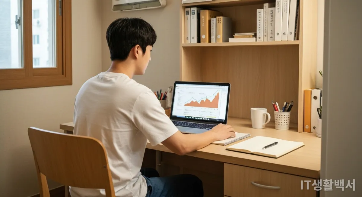 자신의 작은 아파트에서 노트북으로 부동산 그래프를 분석하는 젊은 한국 남성