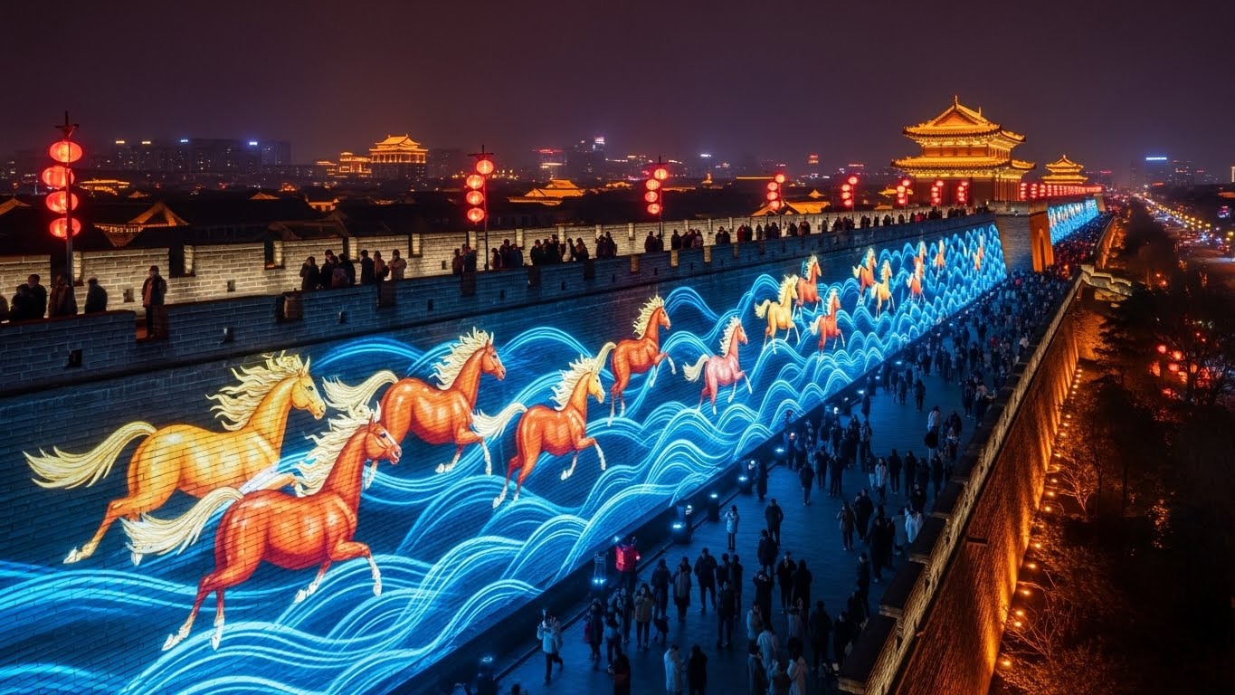 2026 장안 등불 축제 기간 동안 시안 성벽 위에서 펼쳐지는 '질주하는 십이지 말' 테마의 역동적인 미디어 아트. 많은 관람객들이 화려한 빛의 향연을 감상하고 있다.