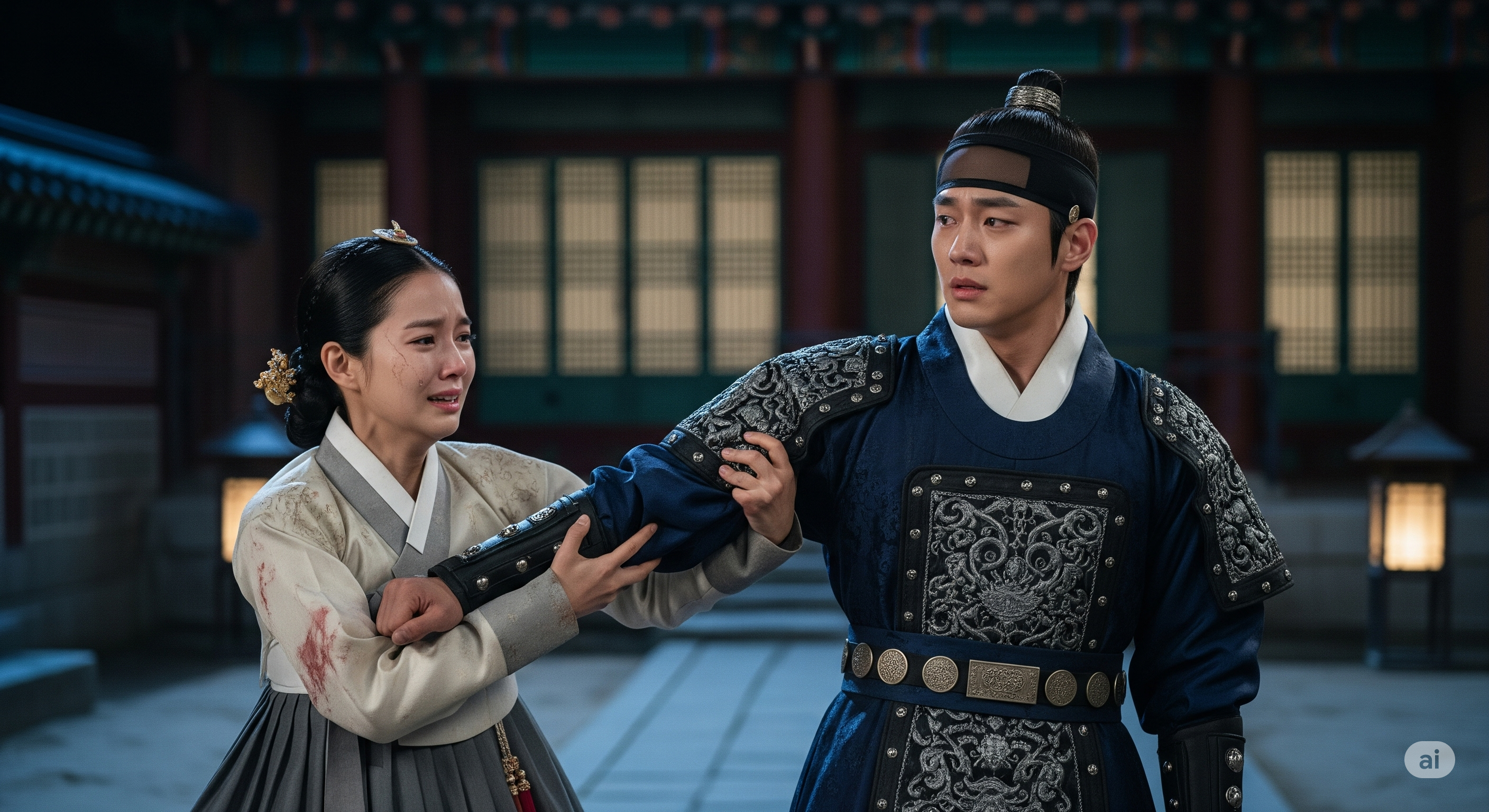 A tragic moment of two people in a historical drama, hurting from a love that cannot be