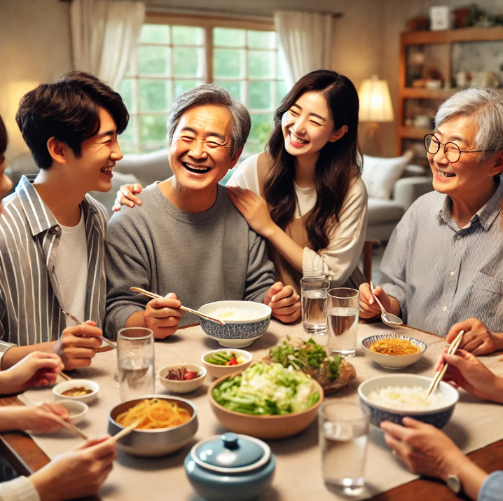 가족이 함께 식사를 하며 대화를 나누는 장면