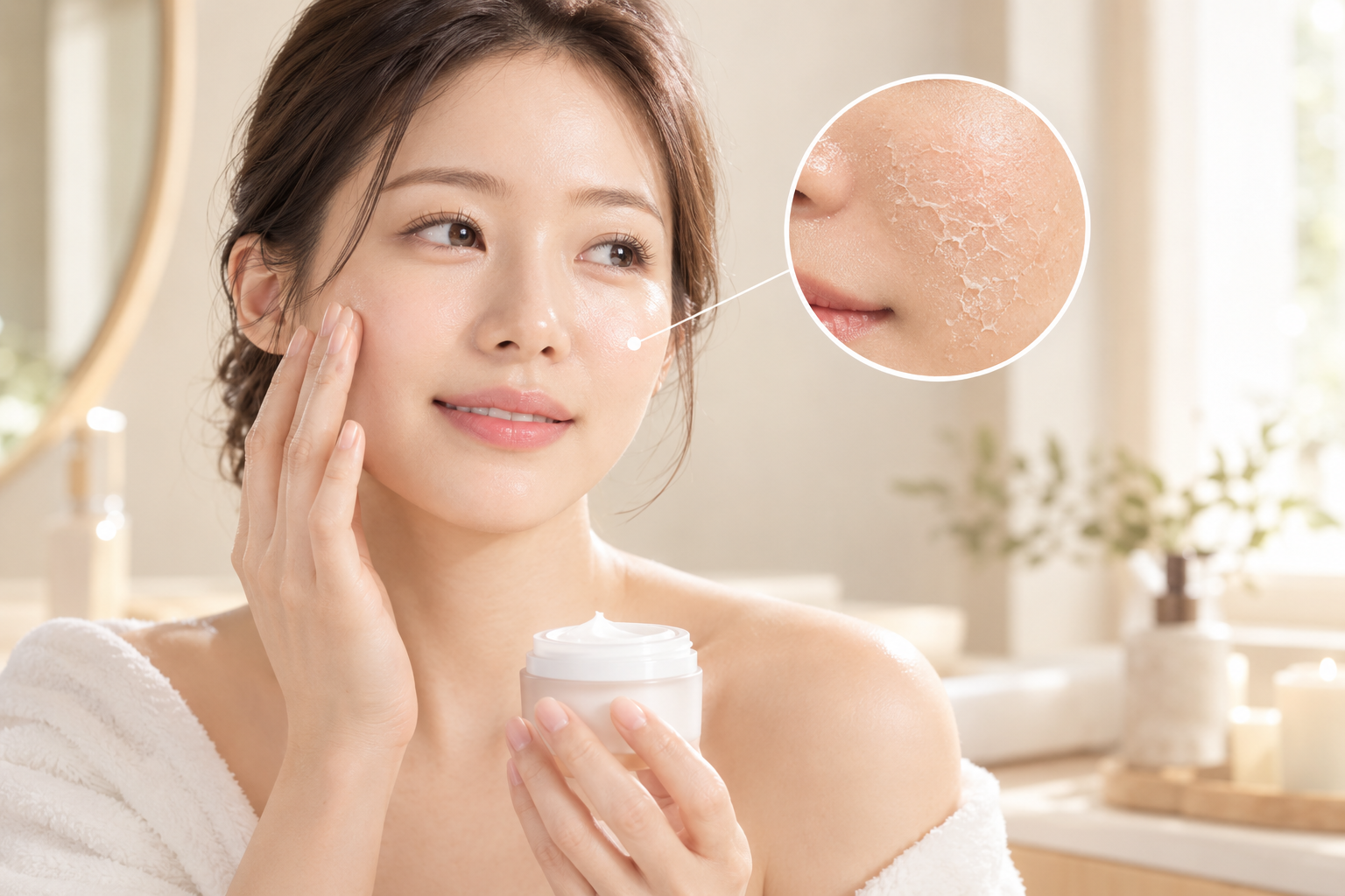 얼굴에 재생크림을 바르고 있는 여자