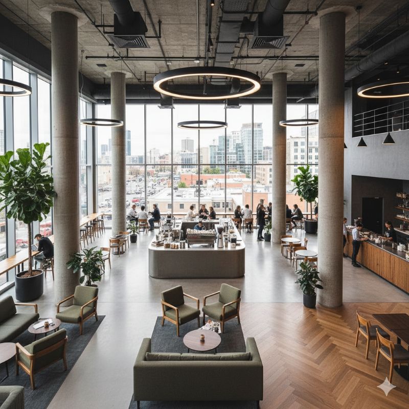 층고가 높고 개방감 있는 카페 인테리어 전경