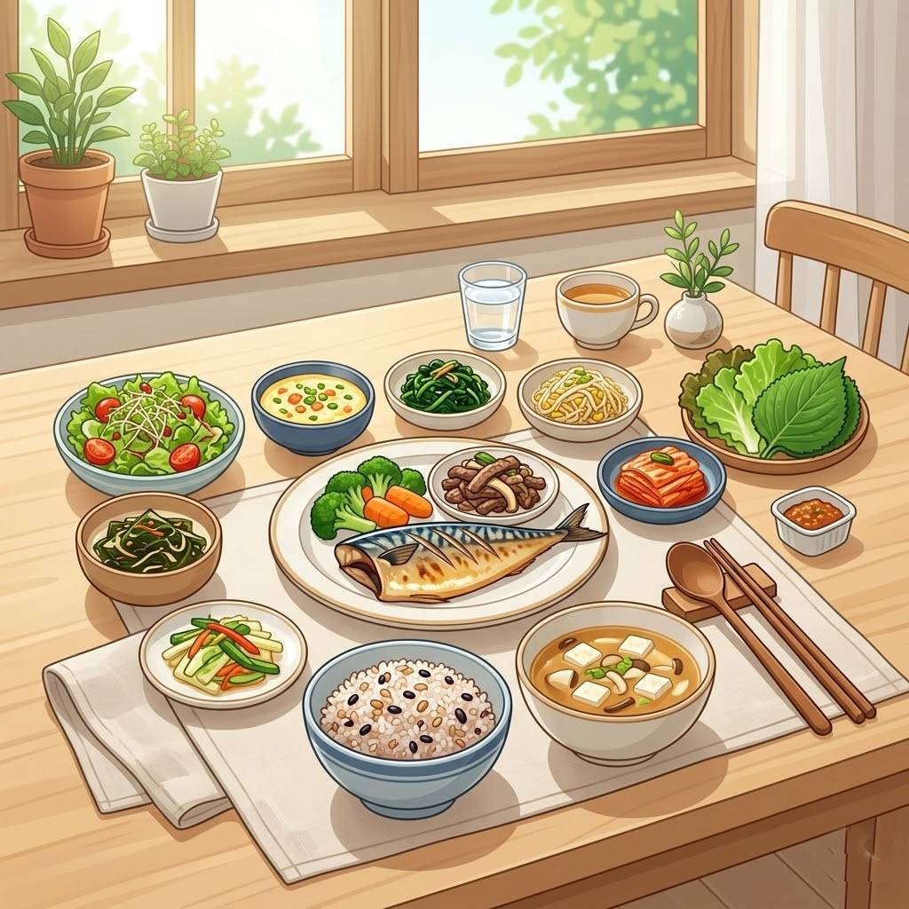 신선한 채소와 잡곡밥, 단백질 위주의 건강한 한식 상차림이 정갈하게 차려진 모습