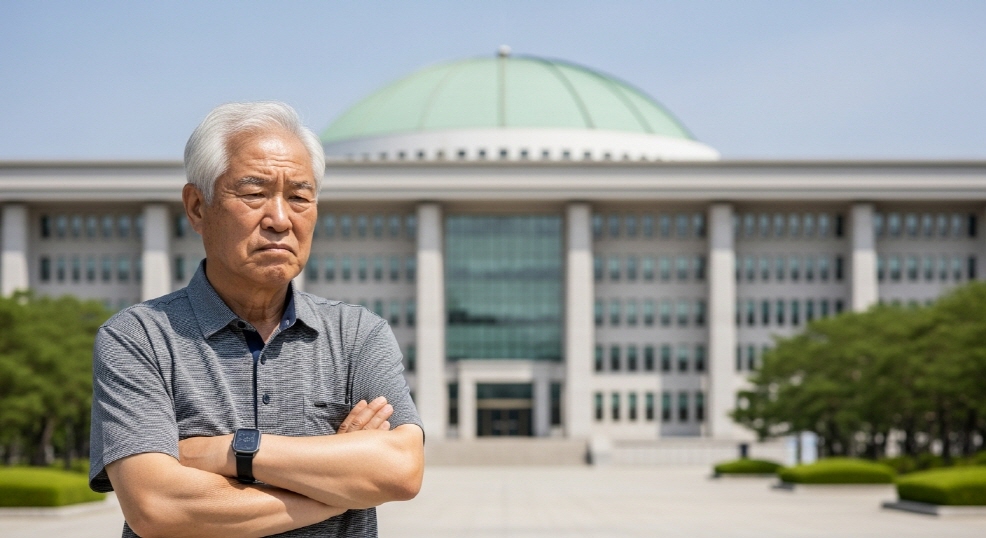 국회 의사당 배경으로 양손에 현금과 계산기를 든 인물