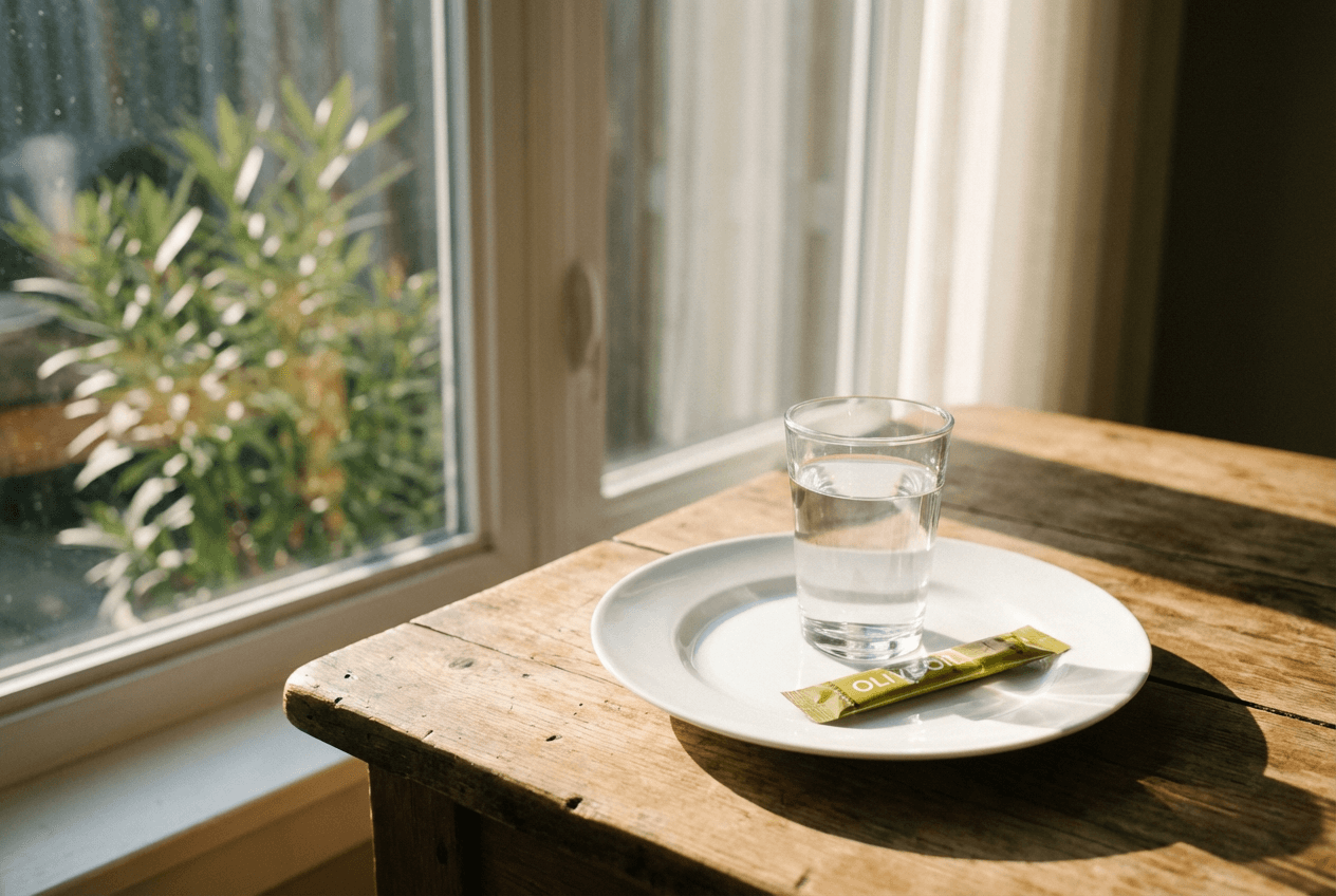 아침 식탁 위 투명한 유리컵에 담긴 물 한 잔과 올리브오일 스틱 한 포, 햇살이 들어오는 창가 배경, 깨끗하고 미니멀한 구성