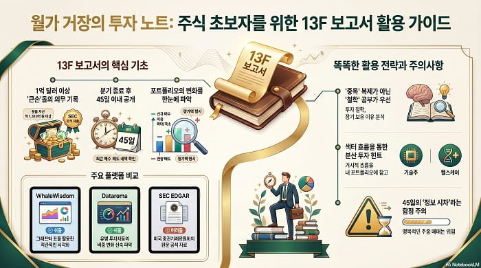 월가 거장의 투자 노트 주식 초보자를 위한 13F 보고서 활용 가이드 인포그래픽