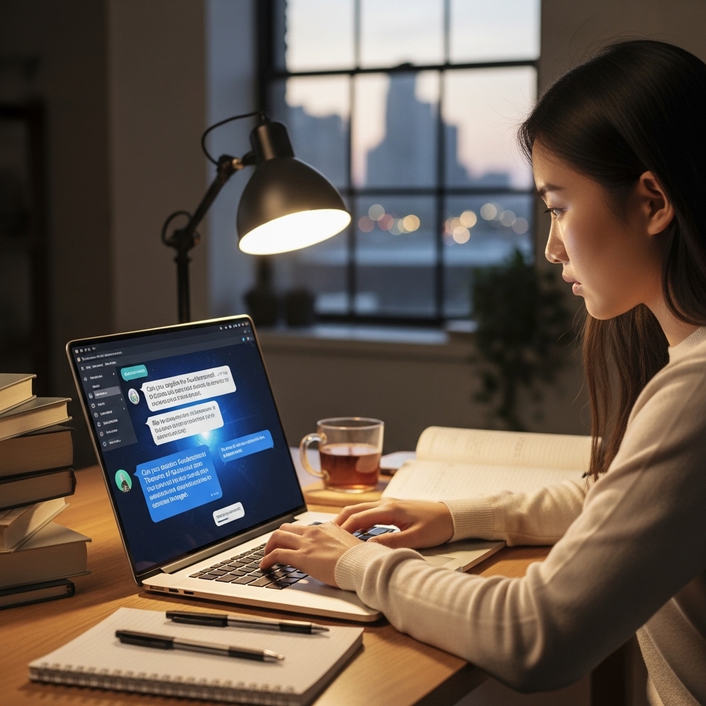 학생이 AI 챗봇과 대화하며 수능 개념을 학습하고, 심화 질문을 통해 이해도를 높이는 모습.