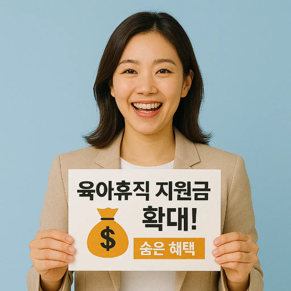 육아휴직 지원금 확대와 숨은 혜택 문구가 적힌 안내판을 들고 웃고 있는 한국인 여성의 이미지