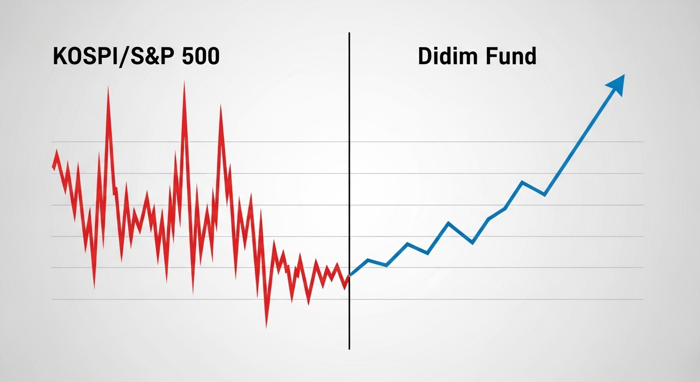 롤러코스터처럼 변동성이 심한 그래프(코스피)와 안정적으로 우상향하는 그래프(디딤펀드)가 비교되는 이미지