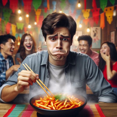 스트레스를 받아 매운 떡볶이를 먹고 있는 남성