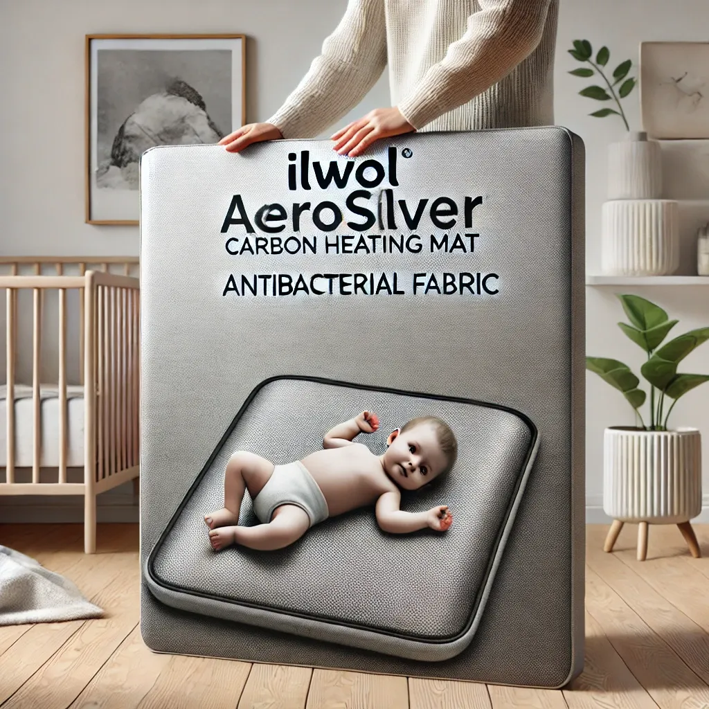 항균 원단으로 제작된 일월 에어로실버 카본 매트를 어린이 방에 설치하는 모습&amp;#44; 위생적 사용 강조 