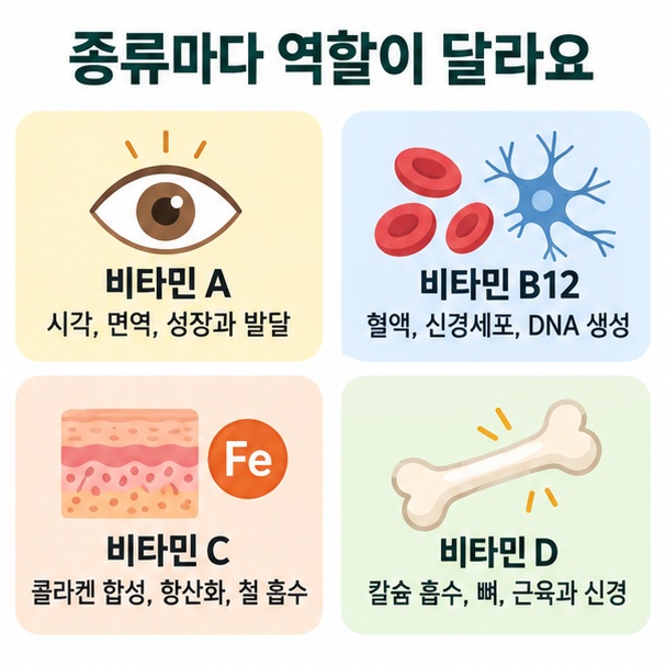 비타민 A B12 C D의 대표 역할을 시각 면역 혈액 신경 콜라겐 뼈 아이콘으로 정리한 이미지