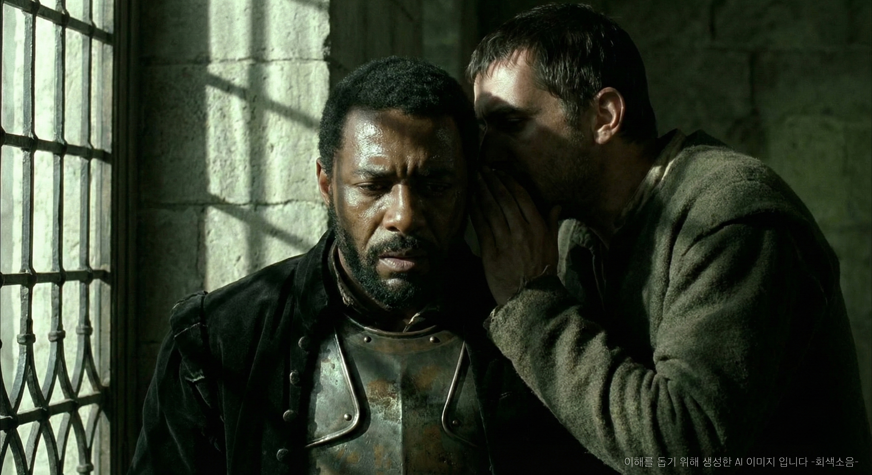 그림자 감옥 : 16세기 르네상스 시대에 괴로워하는 장군의 얼굴에 창살 같은 그림자가 드리워지고, 바로 뒤에서 다른 남자가 귓가에 속삭이며 심리적 긴장을 고조시키는 클로즈업 장면.