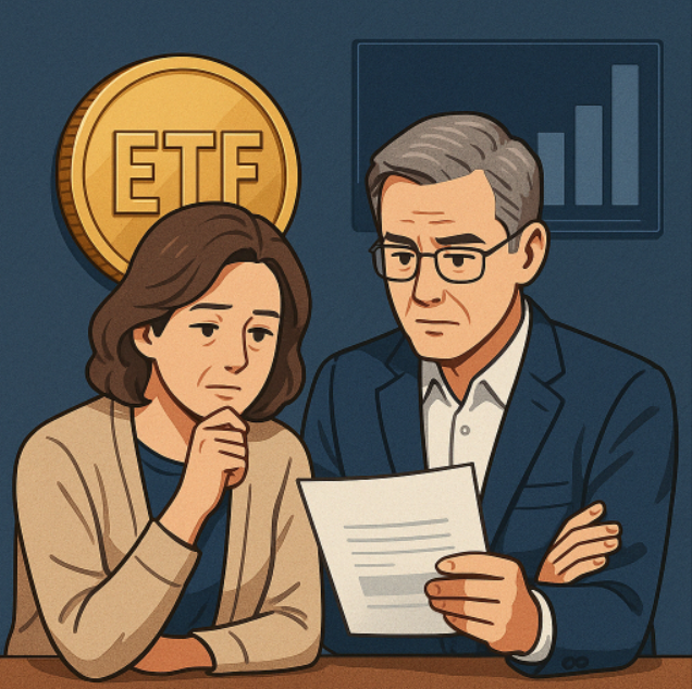 월배당 ETF를 검토 중인 중장년 부부가 진지하게 금융 문서를 살펴보는 모습. 배경에는 ETF를 상징하는 금화와 상승 그래프가 함께 표현되어 있어 장기 투자와 안정적인 수익에 대한 고민을 시각화함