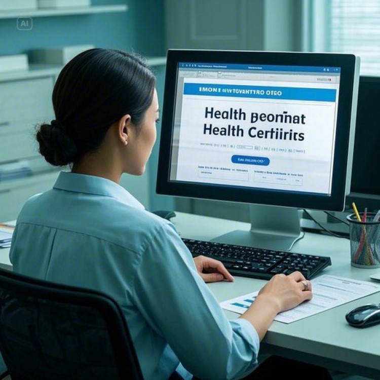 깔끔한 사무실 배경에서 컴퓨터 앞에 앉아 온라인으로 보건증을 발급받고 있는 직장인의 모습. 화면에는 민원24 사이트가 보이고, 한쪽에는 출력된 보건증이 놓여있는 실용적이고 현대적인 이미지