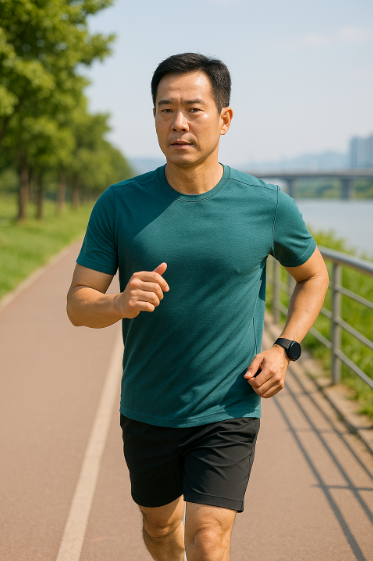 강변에서 유산소 운동을 하고 있는 남성