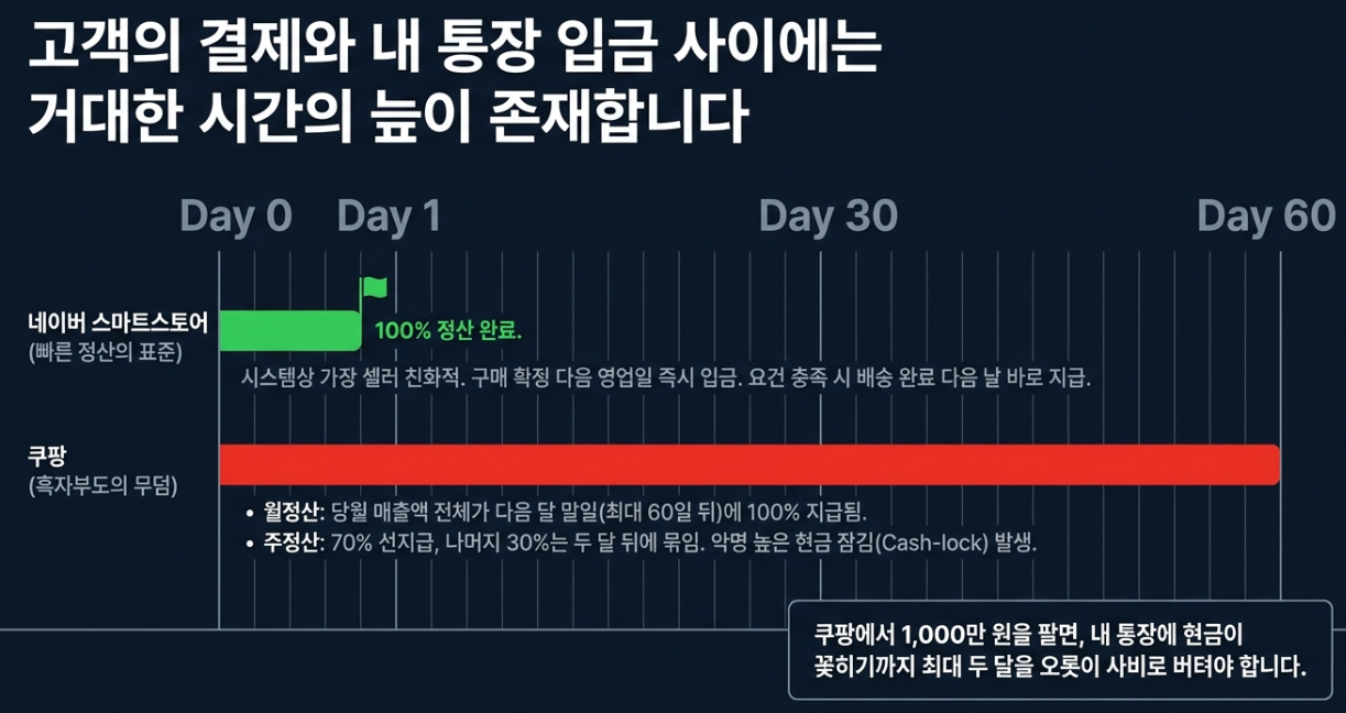 스마트스토어 빠른 정산 구매 확정 쿠팡 주정산 월정산 60일 딜레이 현금 잠김 현상