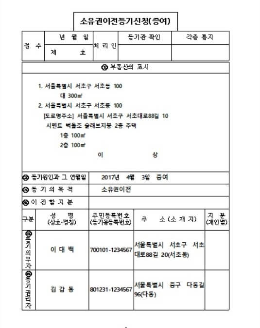 <소유권이전 등기 신청서 양식>