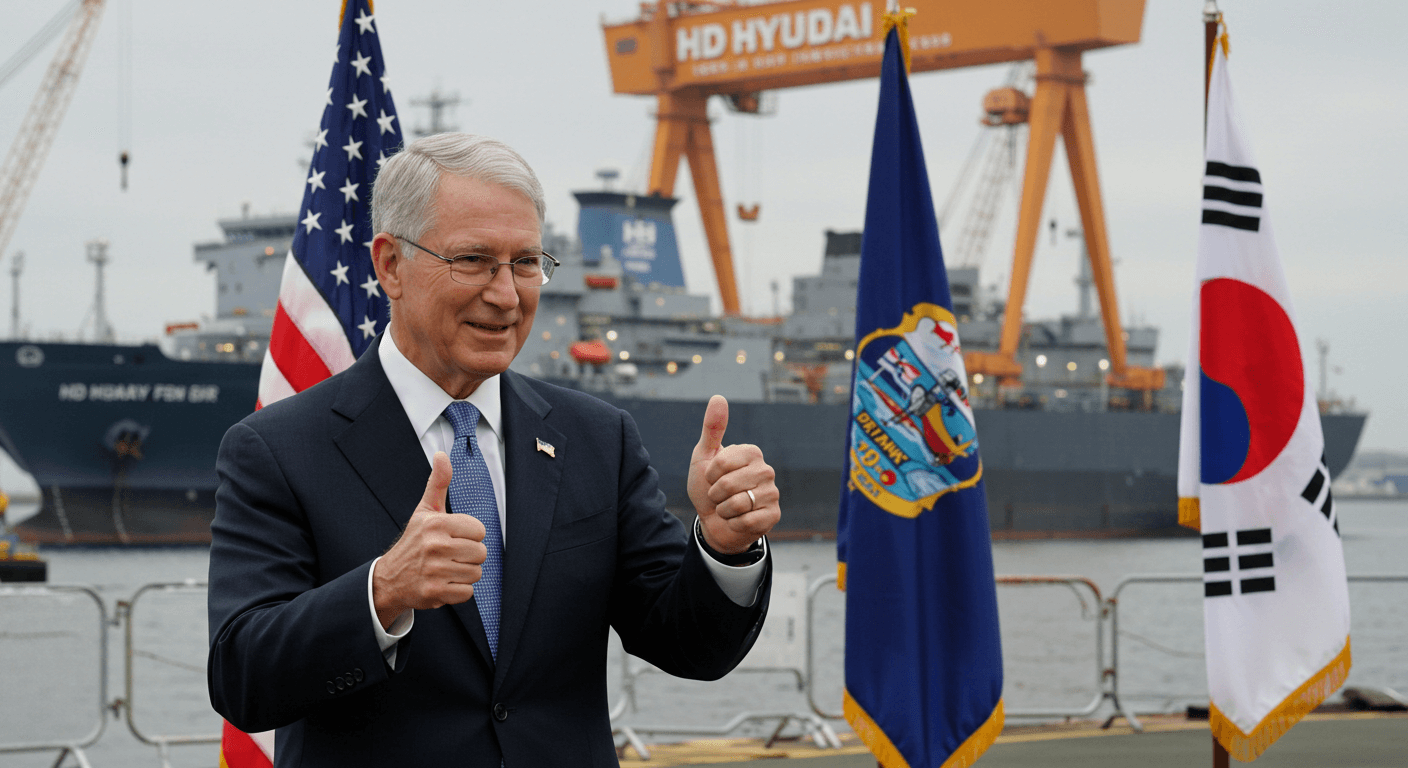 미국 관료가 HD현대중공업 앞에서 최고라고 표시하는 모습