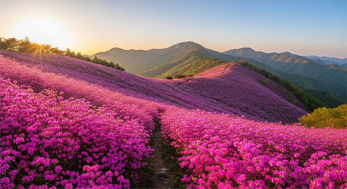 철쭉이 가득 핀 산비탈 풍경을 넓게 담은 사진
