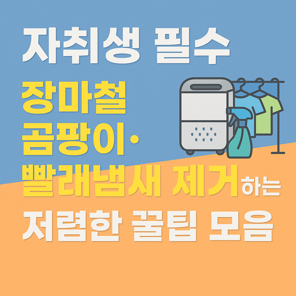 “자취생 필수 장마철 곰팡이·빨래냄새 제거하는 저렴한 꿀팁 모음”이라는 문구가 있는 이미지로, 제습기, 빨래 건조대, 분무기 아이콘이 함께 삽입된 일러스트. 배경은 파란색과 주황색으로 나뉘어 시각적 대비를 줌.