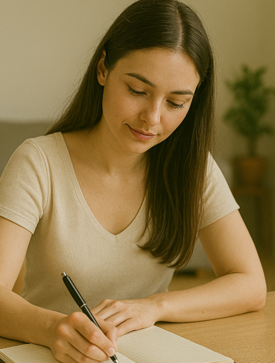 공책에 글 쓰는 여성 사진