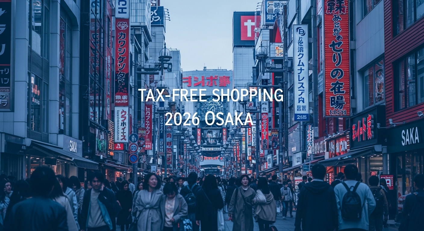 2026년 오사카 도톤보리의 번화한 쇼핑 거리 풍경. 화려한 네온사인과 사람들로 북적이는 상점들이 보이며, 쇼핑백을 든 사람들이 즐겁게 거닐고 있는 활기찬 모습.