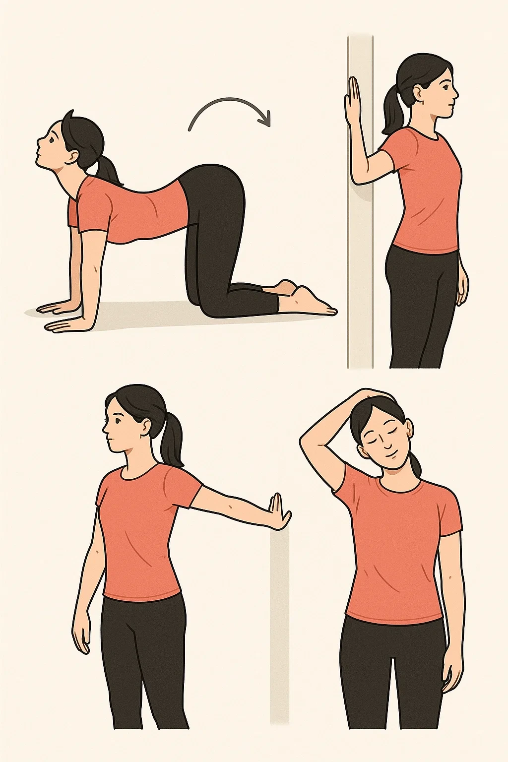 고양이-소 자세,벽 스트레칭, 목-어깨 스트레칭