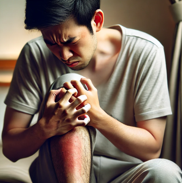 피부가 가려워 괴로워하는 남성의 모습