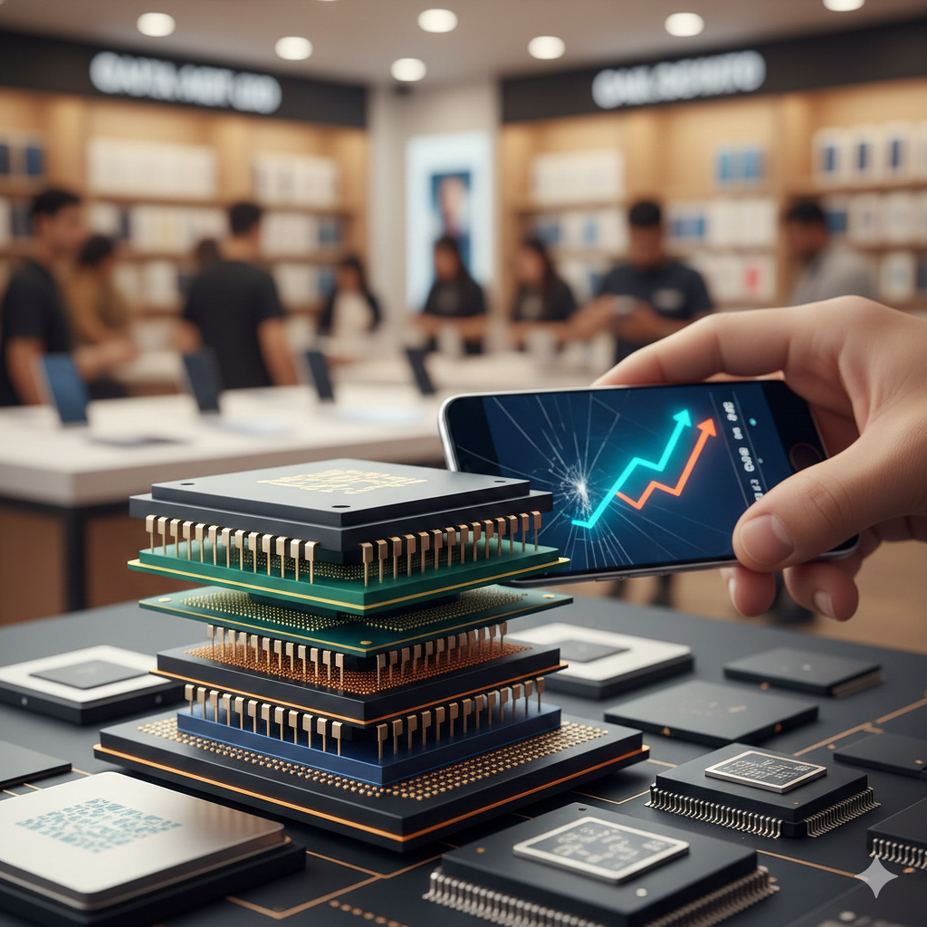 반도체 칩셋이 겹겹이 쌓인 기판 위로 스마트폰을 들고 있는 손이 보이며, 화면에는 상승하는 화살표 그래프가 떠 있는 모습이에요. 배경에는 스마트폰 매장 안에서 제품을 구경하는 사람들의 모습이 흐릿하게 담겨 있어 반도체 원가 상승과 구매 열풍의 상관관계를 시각적으로 보여줘요.