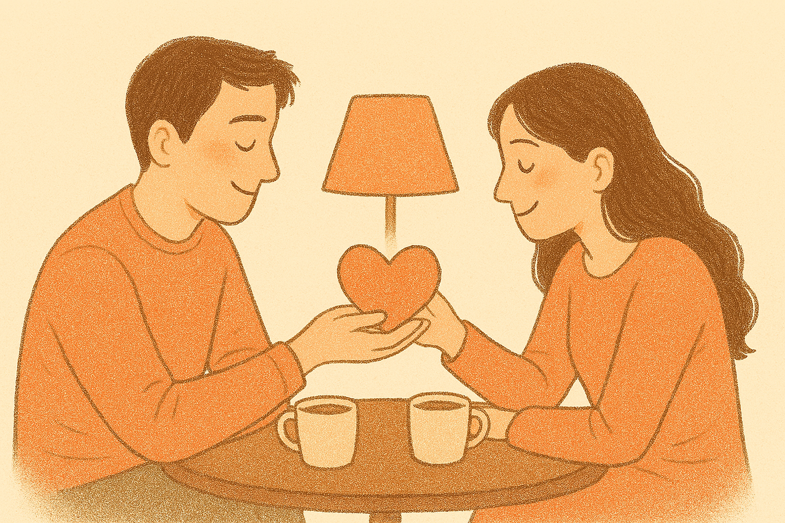 감정을 나누는 부부의 따뜻한 연결을 은유적으로 표현한 일러스트