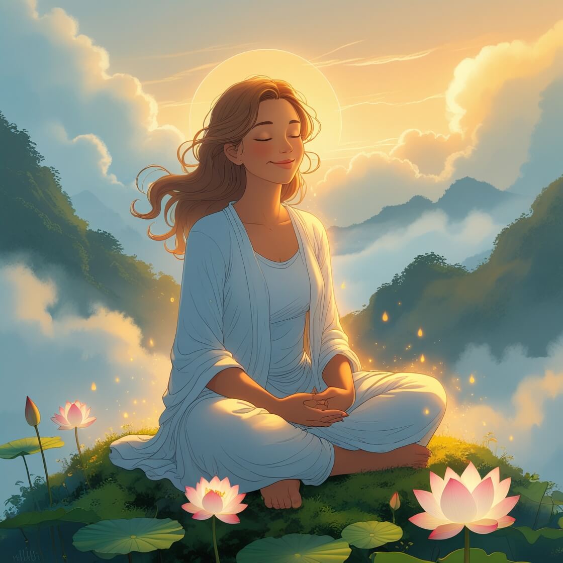 아침 명상으로 삶의 질을 높이고 있는 여성