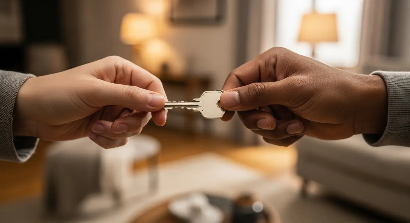두 사람의 손이 하나의 집 열쇠를 함께 잡고 있는 모습, 공동명의와 공동채무의 힘을 상징
