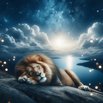 A lion lounging by the serene waters, with ethereal light patterns and clouds in the background.