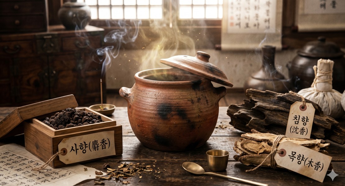전통적인 한국식 약탕기와 함께 놓인 사향, 침향, 목향 약재의 신비로운 분위기