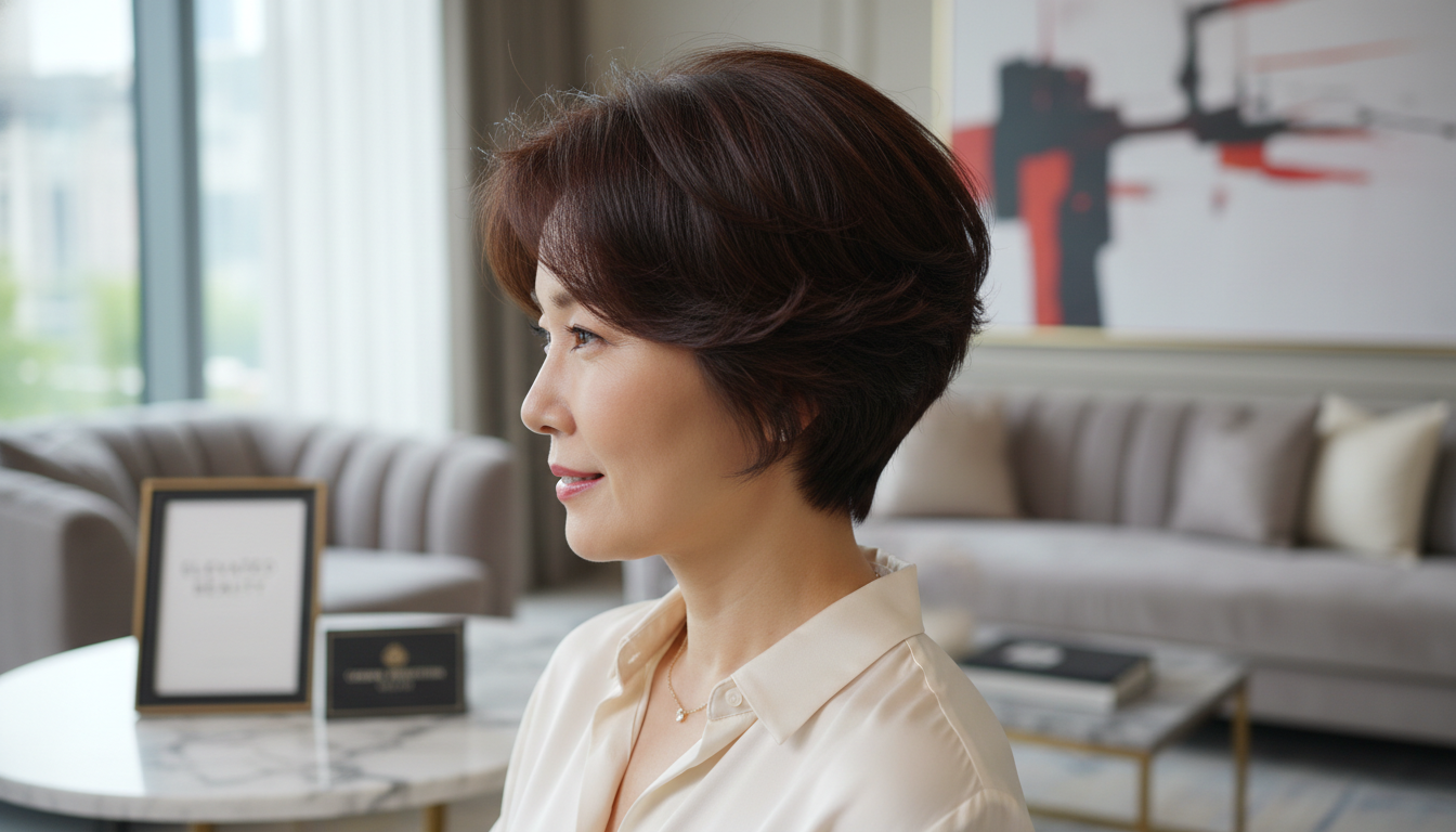 정수리와 뒷통수 뿌리 볼륨이 풍성하게 살아있는 우아한 중년 여성의 숏컷 옆모습