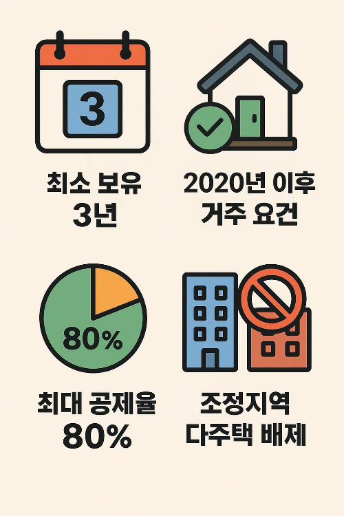 장기보유특별공제를 위한 최소 보유기간 3년, 2020년 이후 거주 요건, 최대 공제율 80%, 조정지역 다주택 배제 등 핵심 요건을 비교한 인포그래픽