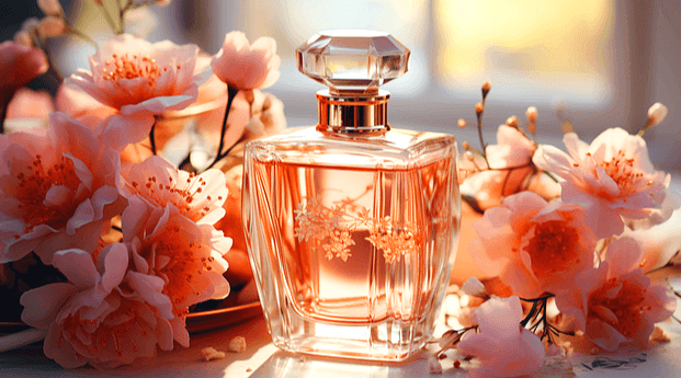 투명한 유리병에 향수가 담겨있다. 주변엔 예쁜 연분홍색 꽃들이 피었다.