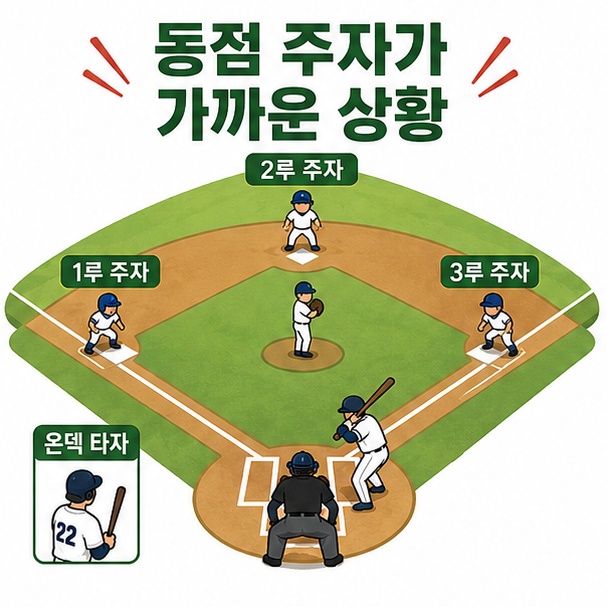 야구 다이아몬드의 주자와 타자, 대기타자로 동점 주자가 가까운 세이브 상황을 보여주는 이미지