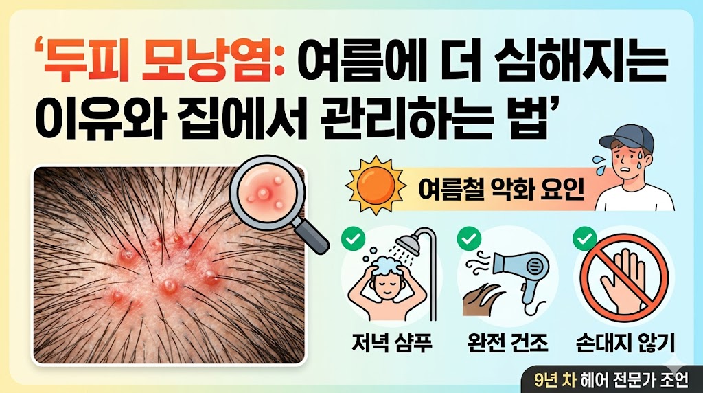 두피 모낭염: 여름에 더 심해지는 이유와 집에서 관리하는 법"이라는 큰 제목이 상단에 적힌 블로그 썸네일 이미지. 왼쪽에는 붉은 두피 모낭염 증상을 돋보기로 확대해 보여주는 그림이 있고, 오른쪽에는 땀을 흘리는 사람 일러스트와 함께 '여름철 악화 요인'이 표시되어 있습니다. 하단에는 '저녁 샴푸', '완전 건조', '손대지 않기'라는 세 가지 홈케어 방법이 직관적인 아이콘으로 나열되어 있으며, 우측 최하단에는 '9년 차 헤어 전문가 조언'이라는 검은색 태그가 붙어 있습니다.