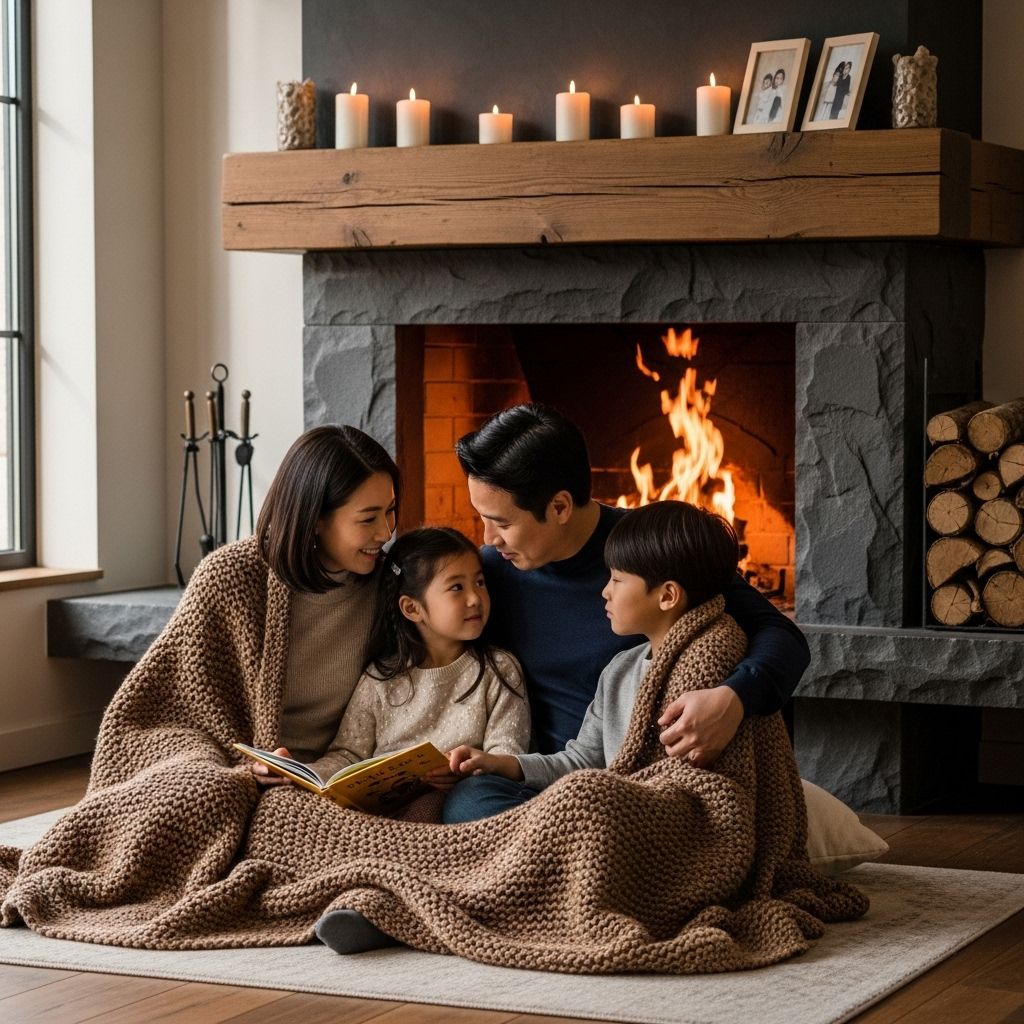 크리스마스 선물상자&amp;#44; 가족들이 벽난로 앞에 모여있다