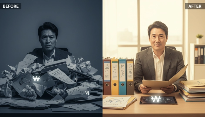 해외 자산 소명 준비 전 혼란스러운 모습과 준비 후 정돈된 모습이 대비되는 한국인 남성의 모습.