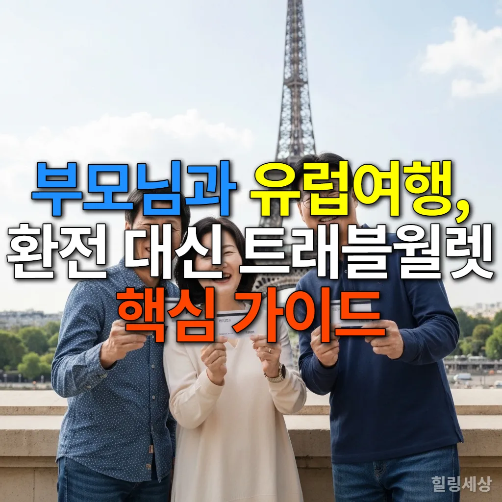 파리 에펠탑 앞에서 트래블월렛 카드를 들고 환하게 웃고 있는 한국인 부모님과 자녀의 모습