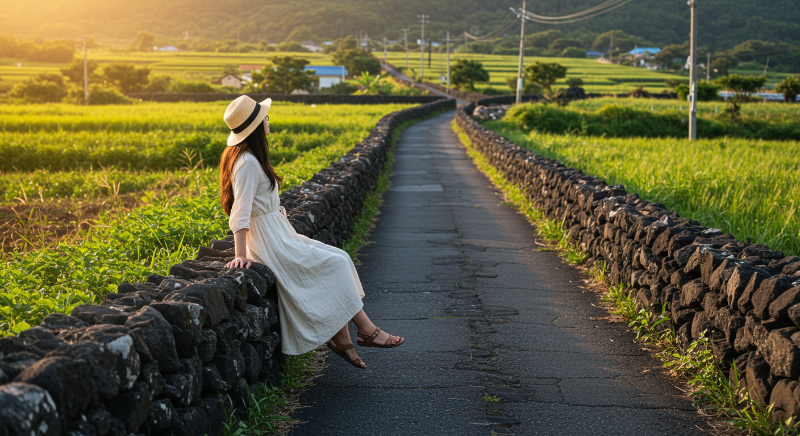 제주 돌담길에서 여유롭게 휴식을 취하며 로컬 감성을 즐기는여성